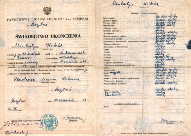 Świadectwo ukończenia Liceum Rolniczego I Stopnia (dawne Gimnazjum w Szczytnie)